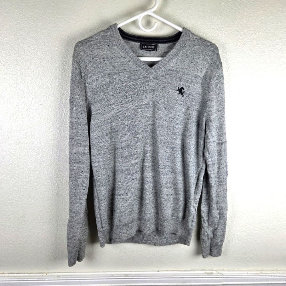 Express Men's Gray V Neck Sweater Cotton Knit Lion Logo Pullover Small